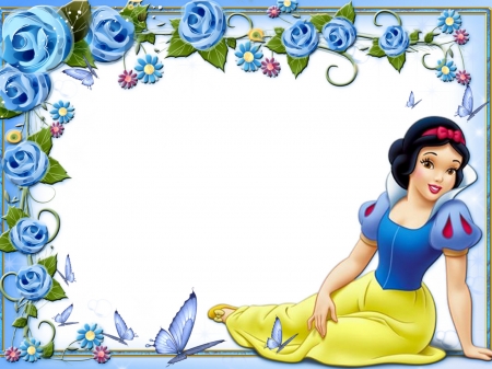 Snow White - anime, yellow, blue, girl, spring, flower, fantasy, movie, butterfly, rose, snow white, card, disney