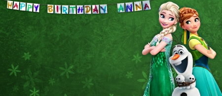 Frozen Fever (2015) - anna, movie, girl, snow queen, frozen fever, fantasy, olaf, snuggies, elsa, green, disney, birthday, sisters