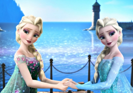 Elsa - princess, girl, snow queen, water, fantasy, fanart, twins, blue, elsa, disney, green, frozen, blonde