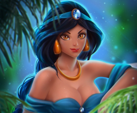 Jasmine - jasmine, blue, girl, fantasy, green, fanart, princess, olga narhova, prywinko, disney