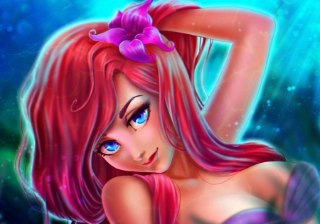 Arielle - water, blue, girl, sea, little mermaid, flower, pink, fantasy, redhead, fanart, woman, arielle, olga narhova, prywinko, disney