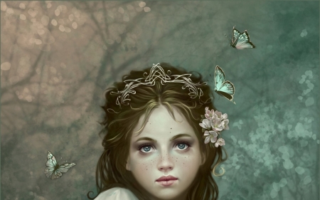 Little girl - face, flower, child, pink, girl, blue, art, fantasy, little, butterfly, melanie delon