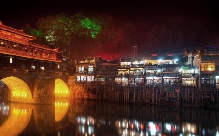 bridge on a river in feng huang at night - village, river, night, bridge, lights