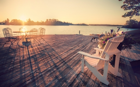 beautiful morning on craig island ontario canada - morning, lake, snu beams, wooden, chairs, wharf