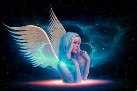 Blue Angel - nice, woman, girl, angel, female, jcarts, wings, fantasy, blue hair, jc, art, pretty, blue, beautiful, digital