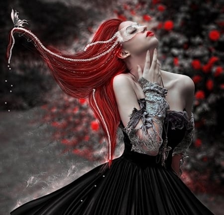 PAINT ME A MEMORY - pearls, butterfly, mask, female, red, hair, black, dress