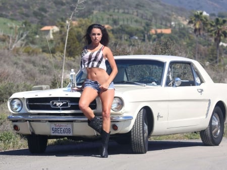 White Stang & Cowgirl - sexy, ford, classic, model