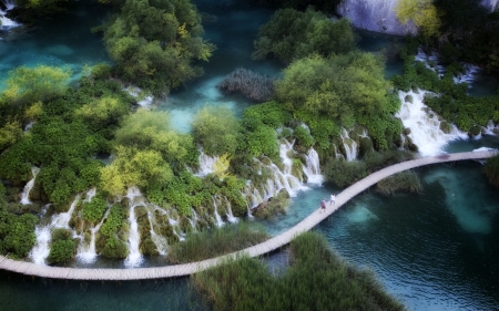 Walkway through Plitvice Nat'l. Park, Croatia - waterfalls, walkway, park, croatia