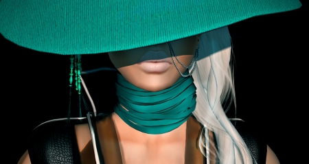 Fantasy girl - woman, rendering, girl, hat, green, scarf, black, blonde