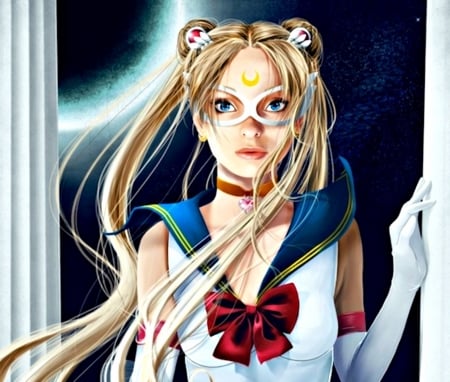 Sailor Moon - red, mask, blonde, anime, fanart, serenity, ana del valle seoane, luna, blue, manga, art, white, fantasy, sailor moon, moon