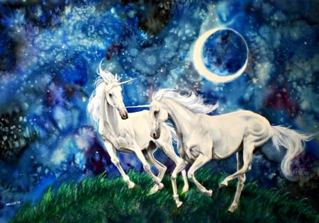 Unicorns - horse, night, luna, blue, unicorn, art, in the distance, white, fantasy, moon, green