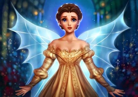 Fairy Godmother - woman, tale, girl, wings, fantasy, art, game, yellow, blue, daekazu, fairy, ever after a cinderella story