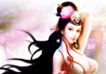 Beauty - flower, pink, beauty, game, brunette, girl, fantasy, asian, woman