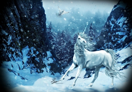 Winter - princess, winter, fantasy, bird, white, ethereal-foxx, art, horse, blue, snow, unicorn