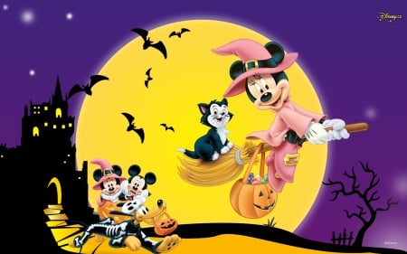 Happy Halloween! - purple, minnie mouse, pink, black, mickey mouse, halloween, cat, yellow, witch, fantasy, hat, bat, movie, moon, disney