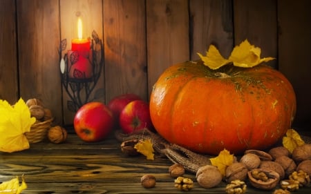 Happy Autumn! - nuts, autumn, candle, pumpkin, photography, leaf, still life, fruit, wood, halloween, harvest, yellow, leaves, orange, apple