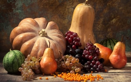 Happy Autumn! - harvest, berry, pumpkin, still life, orange, grapes, autumn, red, green, fruit, card