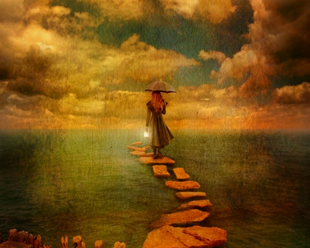 Brick Road - woman, sky, brick, art, sea, road