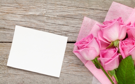 Happy Day! - mother, valentine, rose, wood, white, pink, card, green, flower