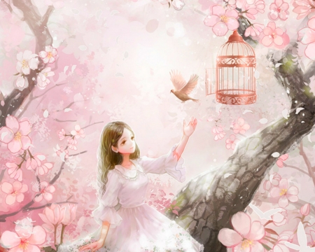 Cute Girl - anime, cage, tree, bird