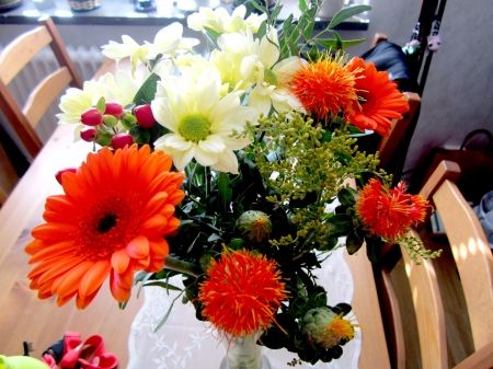 Flower Bouquet - blossoms, petals, table, leaves, gerbera