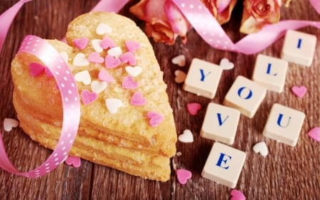 ♥ Love You ♥ - roses, love, tiles, flowers, I Love You, cookies, Valentines Day, Valentine, ribbon, hearts