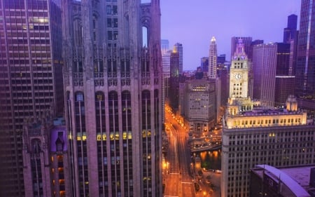 chicago skyscrapers at dusk hdr - street, river, hdr, skyscrapers, dusk, city