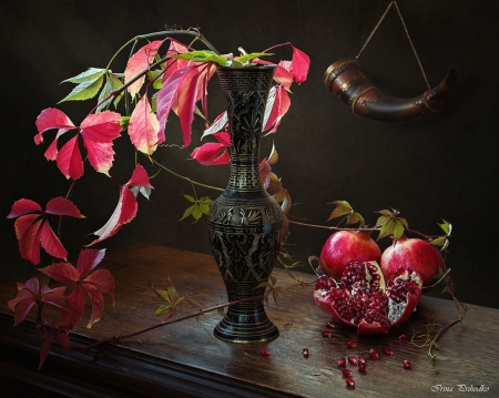 Pomegranate - pomegrante, still life, flower, vase