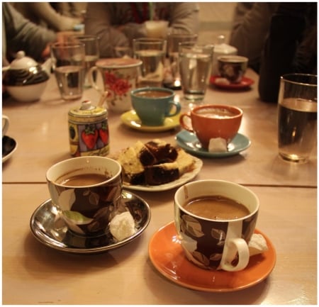 *The coffee of the group* - group, pastries, coffee, cafe, friends, coffeeshop, cake