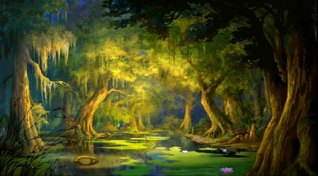 Mystical Forest - lotus, trees, attractions in dreams, pond, paintings, flowers, forests, nature, love four seasons, draw and paint