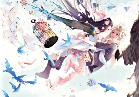 Falling - angel, girl, wings, original, fantasy, cage, white, pink, blue, anime, mia0309, manga