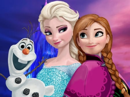 Frozen (2014) - frozen, blonde, snowman, redhead, white, fantasy, poster, movie, elsa, snow queen, purple, pink, anna, olaf, blue, princess, disney