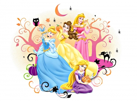 Happy Halloween! - princess, movie, pumpkin, black, belle, fantasy, white, halloween, yellow, cinderella, owl, luna, moon, cat, rapunzel, aurora, pink, disney