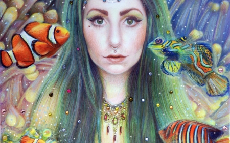 Mermaid - drawing, girl, blue, art, fantasy, mermaid, fish, orange, underwater, green