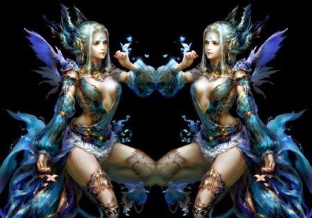 Zodiac ~ Gemini - game, by cehenot, blue, collage, beauty, gemini, black, fantasy, purple, twins, wings, fairy, zodiac, art