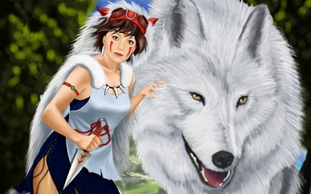 Princess Mononoke - wolf, girl, r ed, mononoke hime, fantasy, white, animal, knife, mask, woman, princess