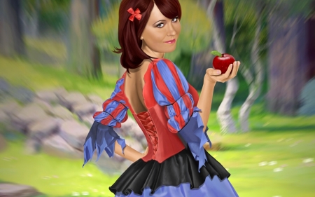 Snow White - apple, forest, tale, girl, blue, fantasy, woods, princess, woman, snow white, green