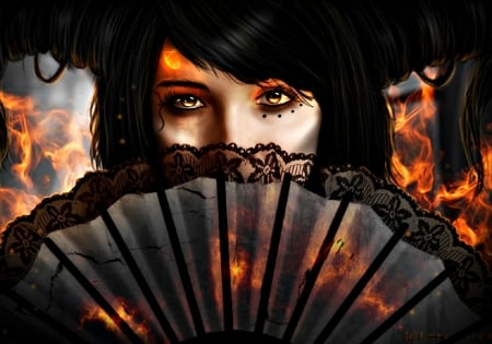 Burning - red, fan, black, girl, eyes, art, fire, fantasy, orange, woman