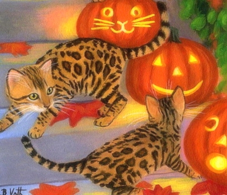 Halloween Kittens - autumn, draw and paint, animals, kittens, pumpkins, halloween, love four seasons, fall, cats, paintings, colors