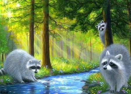 Rays Light of Spring - rays light, streams, trees, forests, draw and paint, animals, raccoons, spring, love four seasons, flowers, paintings