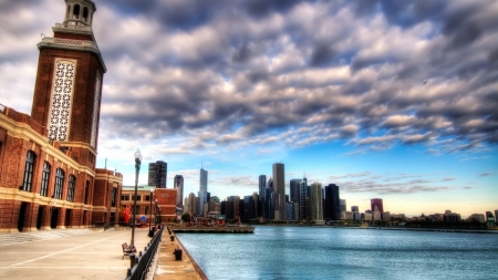 beautiful clouds above a city waterfront hdr - clouds, tower, hdr, harbor, waterfront, city