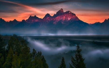 Foggy Snake River - clouds, trees, water, fog, summer, snake river, blue, overlook, grand teton, nature, sun, sky