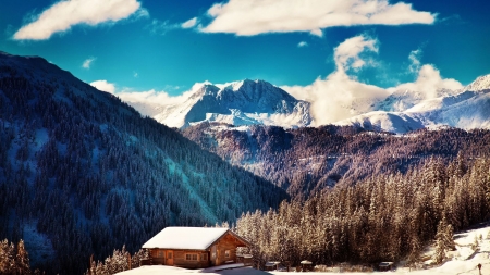 magnificent alpine landscape - forests, logs, winter, cabin, mountains, sky