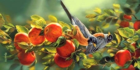 September Apples - robins, autumn, trees, draw and paint, animals, apples, pair, autumn beauty, fall, love four seasons, paintings, birds