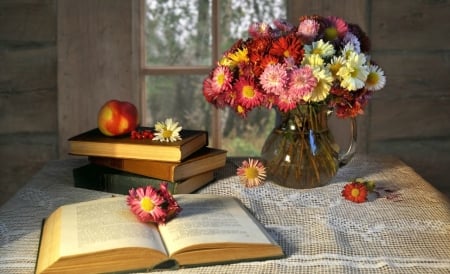 Still Life - flowers, vase, apple, book