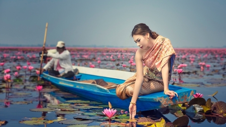 Asian Beauty - flowers, lake, girl, boat