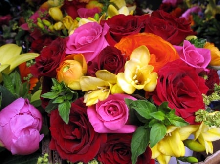 Freesias and roses - red, carpet, flower, rose, pink, bouquet, yellow, freesia, green