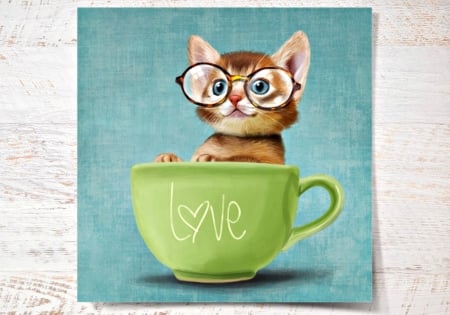 Love - blue, love, cat, animal, glasses, kitten, funny, green, word, cute, card, cup