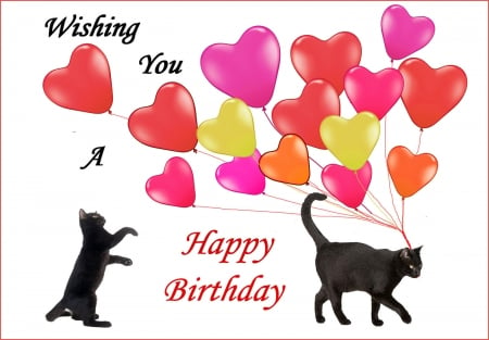 Happy Birthday! - heart, yellow, balloon, pink, birthday, cat, black, white, red, card