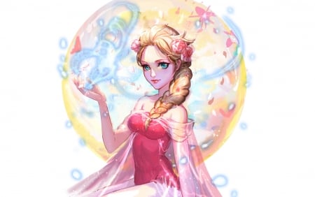 Elsa - movie, snow queen, fantasy, fanart, white, art, yellow, pink, blue, disney, frozen, blonde